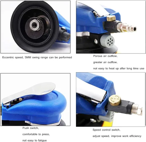 Miniatura 3 de Lijadora orbital aleatoria de aire profesional, lijadora de palma neumática de doble acción resistente (5 pulgadas, azul)