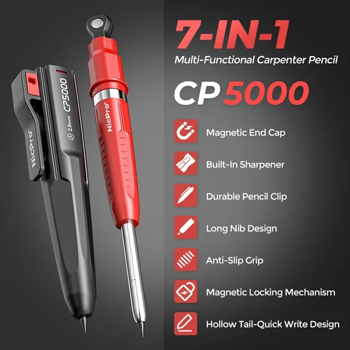 Miniatura 2 de Nicpro Lápices de carpintero magnéticos 7 en 1 CP5000 con sacapuntas, lápiz mecánico de construcción + 10 recargas, marcador de agujero profundo