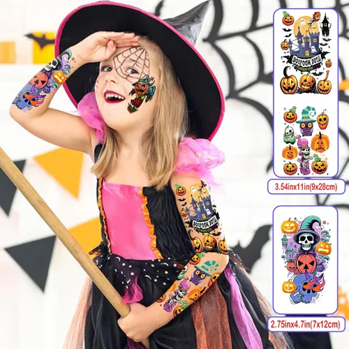 Miniatura 3 de 52 piezas de tatuajes temporales de Halloween de colores brillantes para niños, brazo completo para niñas y niños, calabaza, fantasma, castillo