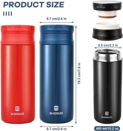 Miniatura 2 de Thermo - Botella de agua térmica de acero inoxidable de 15.2 fl oz/15.2 onzas, aislada al vacío, con filtro, termo de agua caliente para bebidas Rojo