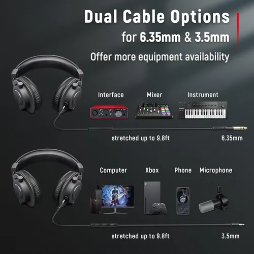 Miniatura 4 de FIFINE Auriculares de monitor de estudio para grabación, auriculares con cable con controlador de 50mm, auriculares sobre la oreja con cables Negro