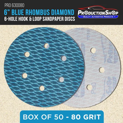 Miniatura 2 de ProductionShop Premium - Discos de lijado azules con forma de rombo de grano 80 de 6 pulgadas, 6 agujeros, caja de 50 – Papel de lija sin polvo