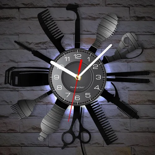 Miniatura 4 de Reloj de pared con herramientas de peluquería de 12 pulgadas con 7 colores cambiantes, reloj de pared para peluquería y negocios, reloj de pared