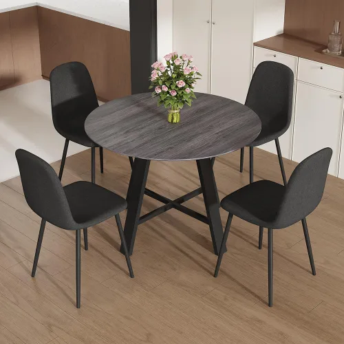 Miniatura 18 de Juego de 4 mesas de comedor redondas de 42 pulgadas para 4, sillas de mesa de cocina modernas, juego de 4 sillas tapizadas de madera con patas