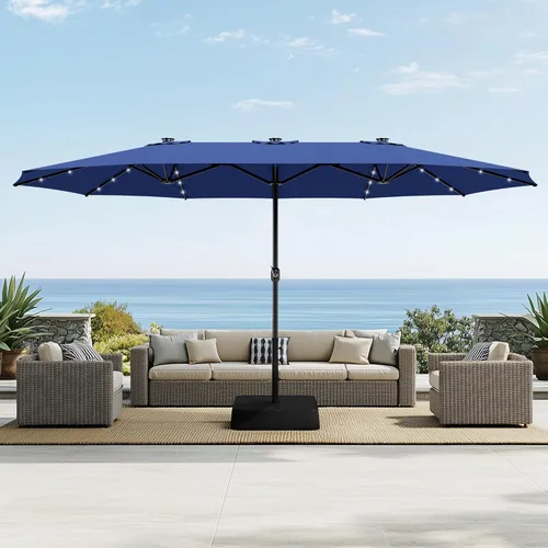 Sophia & William Sombrilla de patio extragrande de 15 pies con luces solares, sombrilla rectangular para exteriores con base incluida, sombrilla de