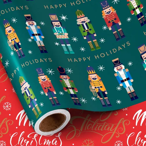 Miniatura 2 de RUSPEPA - Rollo de papel de regalo reversible - Rollo mini - diseño de Nueveador de nueces de Navidad y felices fiestas, ideal para Navidad, fiesta