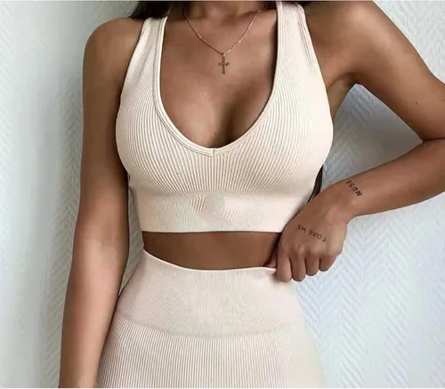 Miniatura 4 de MANON ROSA Trajes de yoga para mujer, sin costuras, conjunto de 2 piezas, leggings cortos, brasier deportivo, ropa de entrenamiento, ropa deportiva