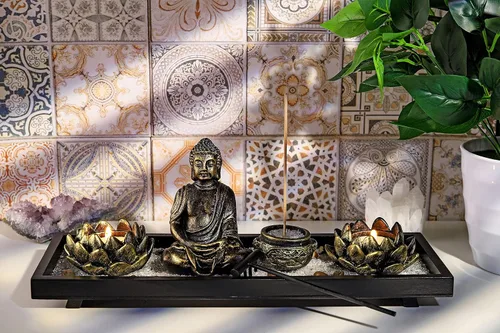 Miniatura 2 de Jovivi set de jardín zen con estatua de Buda, 2 portavelas de té de loto, mazo y rocas y cristales y quemador de incienso con soporte para varillas
