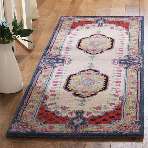 Miniatura 10 de SAFAVIEH Bellagio Collection - Alfombra decorativa de 2 x 3 pies, azul y rosa, hecha a mano de lana de medallón, ideal para zonas de alto tráfico