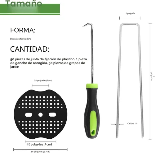 Miniatura 2 de JELNER Estacas de Jardín, grapas de 15 cm calibre 11, 50 piezas galvanizadas para paisajismo + 50 juntas + 1 gancho de pico, estacas para carpas