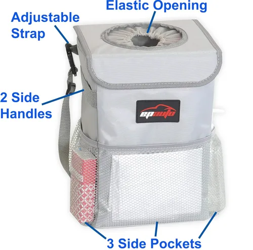 Miniatura 4 de EPAuto Bote de basura impermeable para automóvil con tapa y bolsillos de almacenamiento, 2.5 galones a prueba de fugas, color gris
