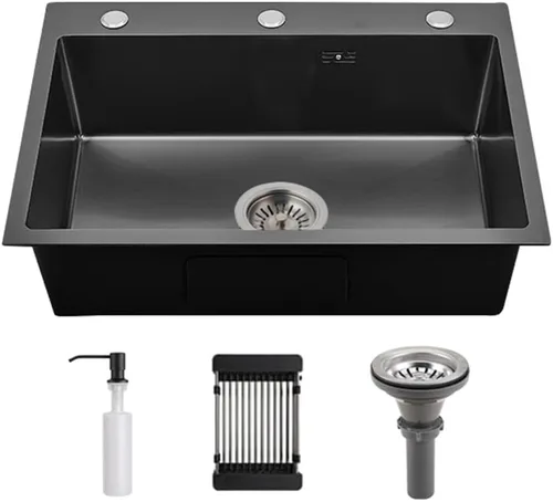 Fregadero de cocina negro de acero inoxidable con 3 agujeros profundos de un solo tazón, moderno fregadero de apartamento con múltiples accesorios