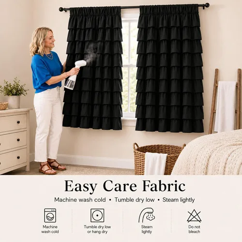 Miniatura 3 de Black Ruffle Curtains 2 Panels, 12-Layer Ruffled Window Panels, Light Filtering Shabby Chic Farmhouse Drapes for Bedroom Dorm Bathroom, Rod Pocket