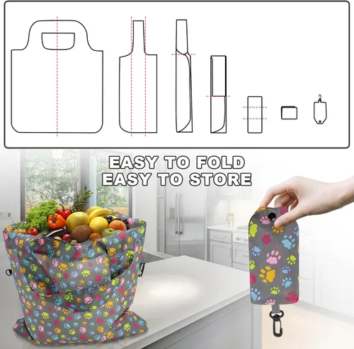 Miniatura 5 de HOLYLUCK Bolsas de comestibles reutilizables, bolsa de compras plegable resistente (estándar, 3 huellas de patas de perro)