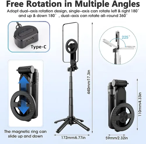 Miniatura 6 de Palo selfie magnético 4 en 1 con rotación de 360° multifuncional con control remoto inalámbrico desmontable para iPhone y Android, soporte