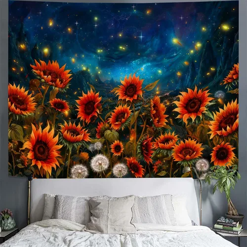 Miniatura 5 de FENDROM Tapiz de paisaje de girasoles, galaxia, luna, estrellas, paisaje, arte de pared, decoración de pared natural para dormitorio, sala de estar