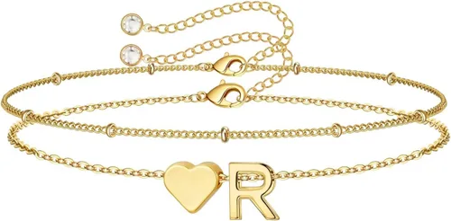 Miniatura 28 de M MOOHAM Pulseras de oro con inicial de corazón para mujer, pulseras con dije de letra A-Z de corazón dorado en capas para mujer, pulseras