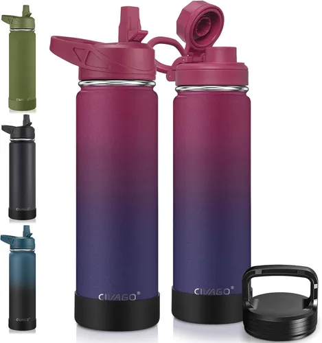 Miniatura 61 de CIVAGO Botella de agua aislada de 22 onzas con pajita, frasco de agua deportiva de acero inoxidable con 3 tapas