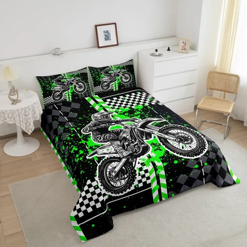 Miniatura 4 de Feelyou Kids Green Dirt Bike Duvet Insert Twin Size, Extreme Sports Comforter Set Boys Girls Motorbike Bedding Set Teens Bedroom Decor Microfiber