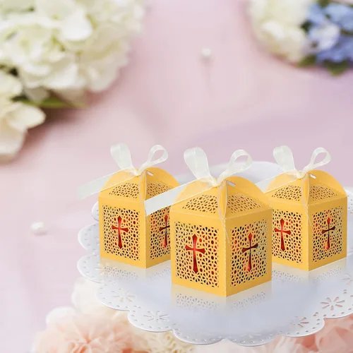 Miniatura 2 de KPOSIYA Paquete de 70 cajas de regalo de bautismo, cajas de dulces cortadas con láser con cintas, cajas de regalo pequeñas para baby shower, Dorado