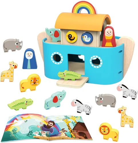 TOOKYLAND - Juguetes del Arca de Noé para niños pequeños, juguetes clasificadores de forma de animales de madera, regalos de bautismo para niños y