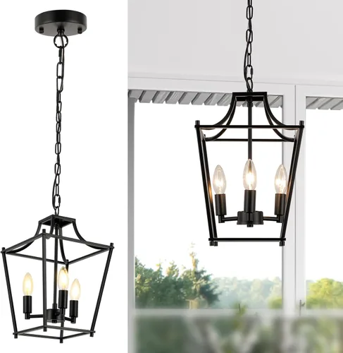 Lámpara colgante de farol, lámparas colgantes negras, 3 luces colgantes de farol negro, 9.4 pulgadas, iluminación colgante ajustable de granja para