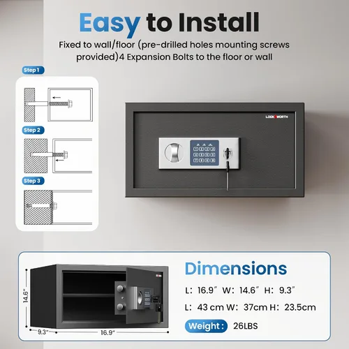 Miniatura 2 de Locksworth Caja fuerte para el hogar, 1.0 pies cúbicos, caja de seguridad para dinero, joyas, documentos y armas, caja fuerte digital de seguridad