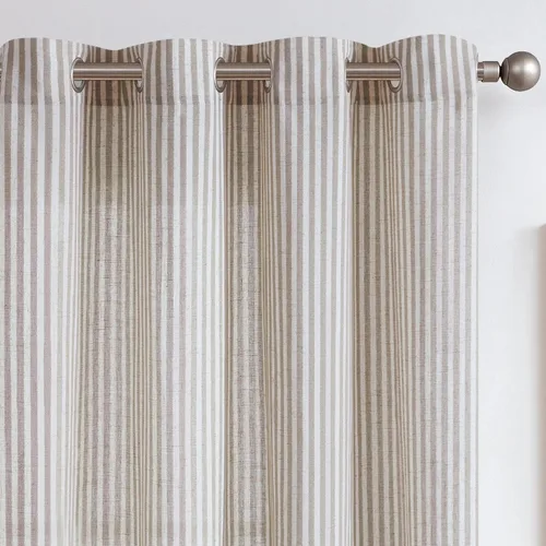 Miniatura 14 de JINCHAN Cortinas de lino para sala de estar o dormitorio, con estampado a rayas verde salvia sobre beige, rayas delgadas que filtran la luz
