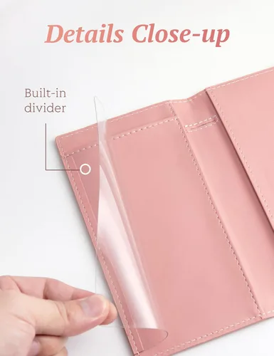Miniatura 37 de Yarnic Funda para chequera personal, soporte para chequera con soporte para bolígrafo y divisor de plástico transparente integrado para cheques Rosa