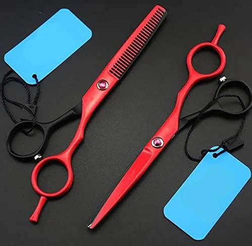 MAYiT Tijeras de corte de pelo, 5.5 pulgadas profesional rojo piano, tijeras de corte y adelgazamiento, juego de tijeras de peluquería de peluquería