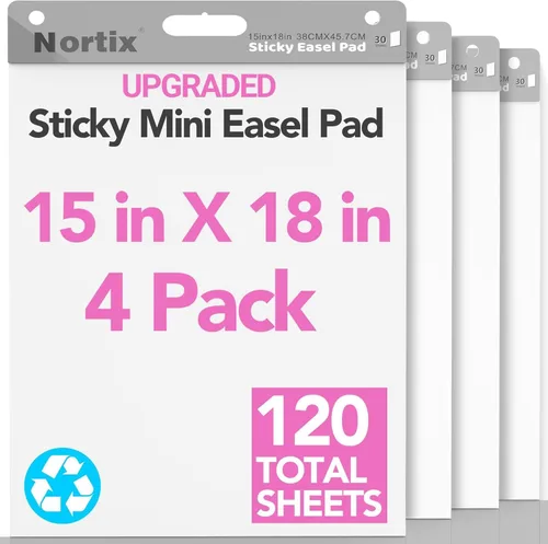 Nortix Sticky Easel Pads, Flip Chart Paper, 15 x18 inch, 30 Sheets/Pad, 4 Pads, Chart Paper for Teachers,Super Adhesive & Bleed-Resistant, Mini