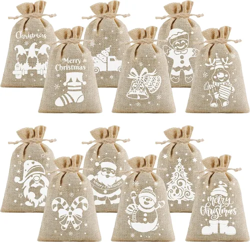 CCINEE 36 bolsas de arpillera de Navidad, 4 x 6 pulgadas con cordón de arpillera de Navidad, bolsas de dulces de regalo con doble cordón de yute, 36