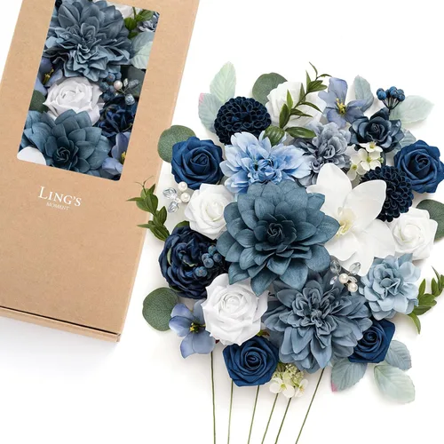 Miniatura 14 de Ling's moment Caja de Flores Falsas, Tallos de Vegetación Artificial Falsa Rosas de Espuma Dalias de Seda Hojas de Rosa Flor de Tela para Centros