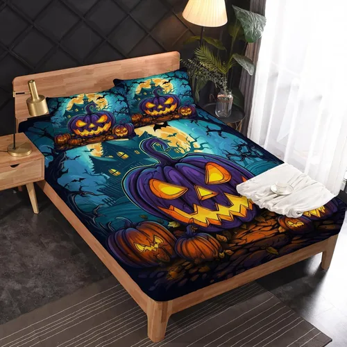 Miniatura 2 de Sábanas de Halloween tamaño individual – Juego de sábanas espeluznantes de calabaza murciélago para niños y niñas, juego de sábanas temáticas