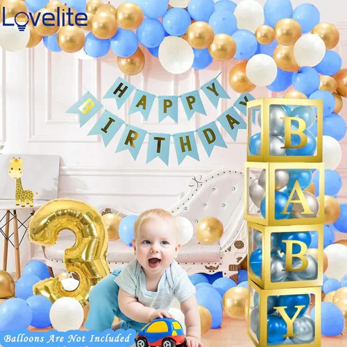 Miniatura 4 de Cajas de bebé con letras para baby shower, 4 cajas de globos transparentes con 60 letras para decoraciones de revelación de género, bloques de bebé