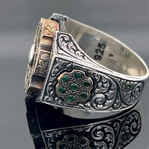 Miniatura 4 de Men Handmade Emerald Stone Ring, Rotating Split Ring, Micro Stone Ring, Ottoman Style Silver Ring, 925k Sterling Silver Ring