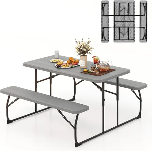 Miniatura 10 de Tangkula Mesa de picnic plegable de 6 pies, mesa de picnic al aire libre con 2 bancos integrados, agujero para paraguas, marco de metal y mesa