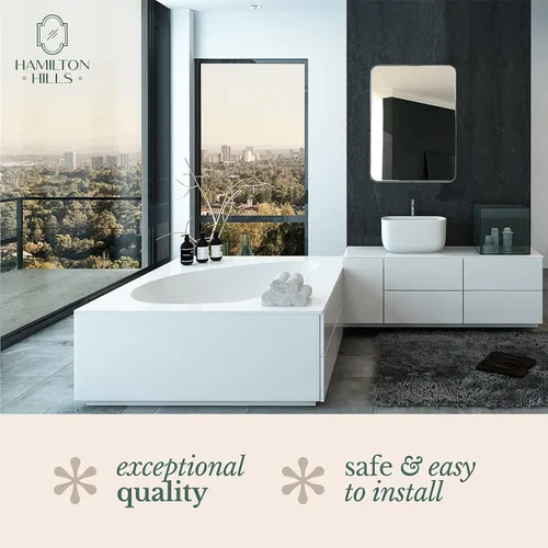 Miniatura 5 de Hamilton Hills - Espejo de pared de metal cepillado contemporáneo Panel de cristal negro enmarcado con esquina redondeada y diseño profundo