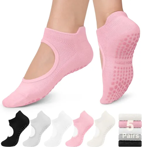 5 pares de calcetines de pilates, calcetines de yoga con agarres para mujer, antideslizantes, pilates, entrenamiento, barra pura, ballet, danza,