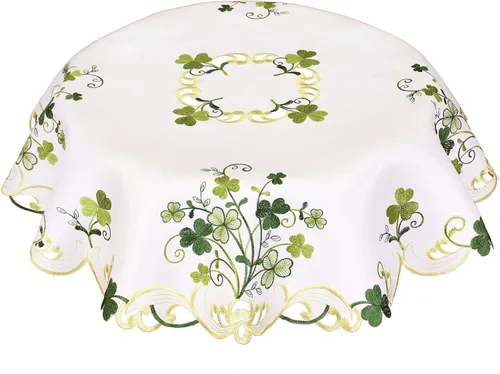 Mantel pequeño bordado con trébol irlandés del día de San Patricio, decoración de trébol de primavera (redondo de 34 pulgadas)