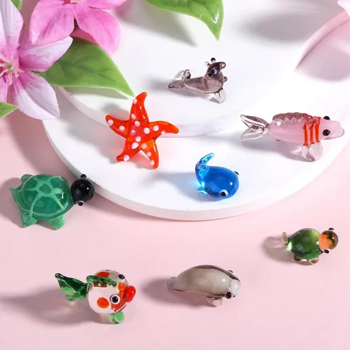 Miniatura 3 de 8 piezas de figuras de vidrio soplado a mano - Miniaturas de vidrio del océano: tortuga, tortuga marina, delfín, ballena, estrella de mar, foca, pez