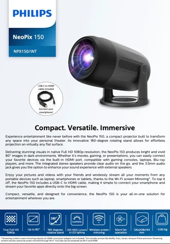 Miniatura 9 de Philips, Proyector de cine en casa Neopix 150, Full HD 1920 x 1080p, giratorio de 180 grados, fuente de luz LED, modo espejo, WLAN 6, sonido estéreo