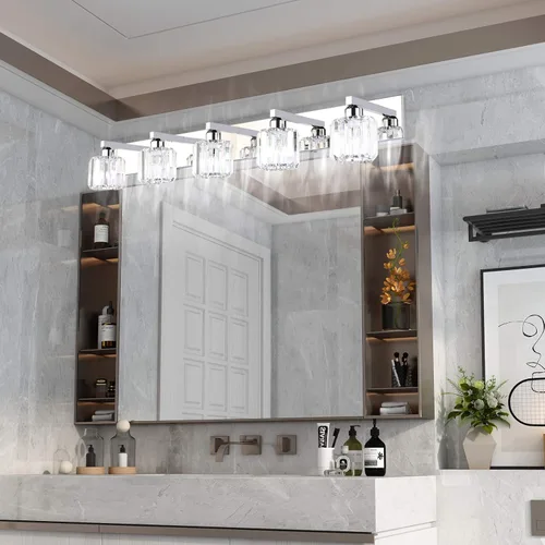 Miniatura 2 de Aipsun Lámpara de tocador de baño de cristal de acero inoxidable, moderna, 5 luces, accesorios de tocador de baño de cristal (no incluye bombilla)