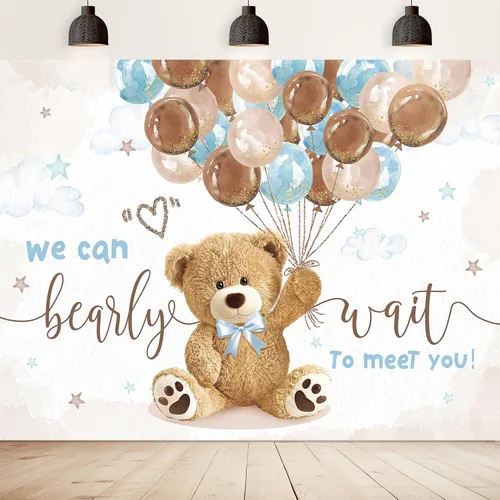Miniatura 16 de Telón de fondo de oso para baby shower, de 5 pulgadas de ancho x 3 de alto, con texto en inglés «We Can Bearly Wait Brown Blue Balloons» de dibujos