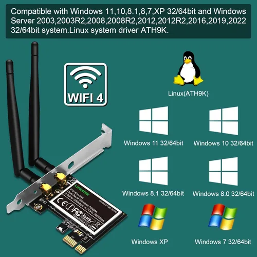 Miniatura 4 de Adaptador inalámbrico N 600Mbps (2.4GHz 300Mbps y 5GHz 300Mbps) PCIE WiFi, tarjeta WiFi PCIE, QUALCOMM Atheros AR946X Adaptador de red inalámbrica