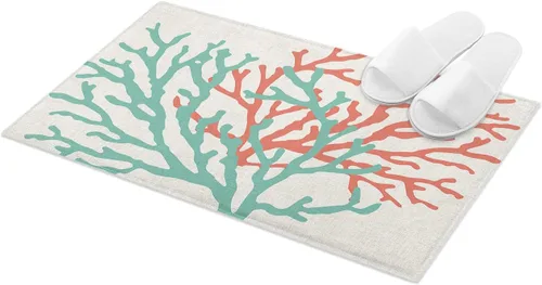 Alfombra de baño con estampado vintage de algodón texturizado de color coral marino, tapete grueso de felpa para piso, tapete de microfibra