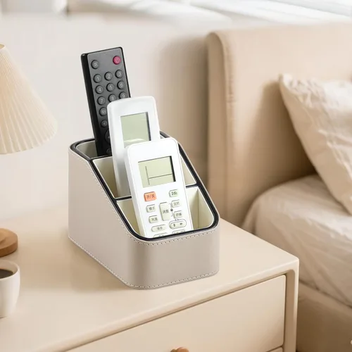 Miniatura 5 de Soporte para control remoto de piel sintética, organizador de escritorio pequeño, suministros de oficina, mesita de noche para mesa auxiliar, Beige