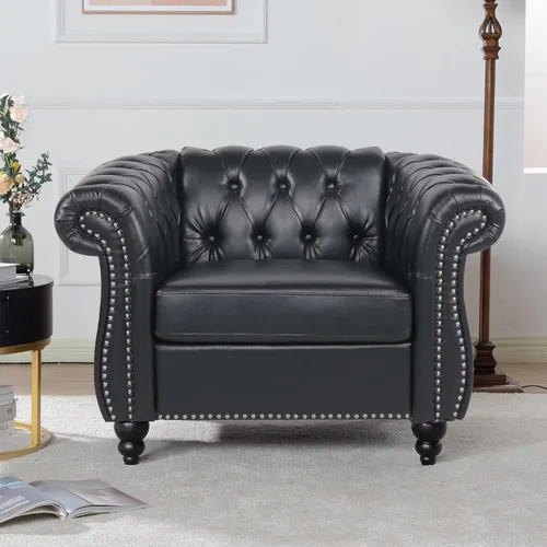 LEVNARY Sillón Tapizado en Cuero, Silla Sofá Individual Estilo Mediados de Siglo Moderno con Brazos Curvos y Tachuelas, Silla Chesterfield de Cuero
