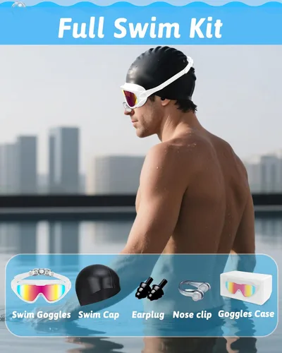 Miniatura 6 de Gafas de natación antivaho anti UV, visión amplia y sin fugas, gafas de natación y gorro de natación para hombres, mujeres, adultos y jóvenes Blanco
