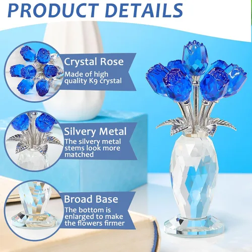 Miniatura 6 de Movdyka Figura de flor de cristal de rosa azul con jarrón de cristal, regalos para mujeres, esposa, novia, mamá, decoración de mesa coleccionable